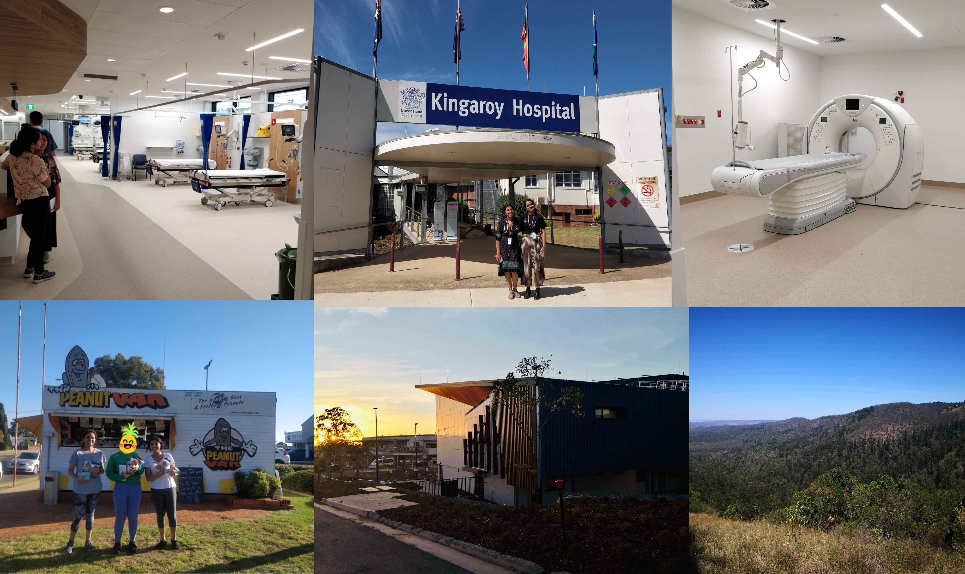 Collage of student on the wards at Kingaroy Hospital, the CT scanner, the Kingaroy Peanut Van and the Bunya Mountains